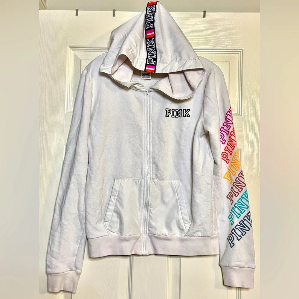 VS PINK PERFECT FULL ZIP HOODIE SWEATSHIRT ANORAK JACKET WHITE RAINBOW LOGO